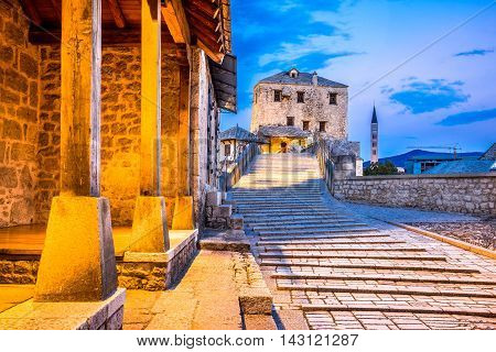Mostar Bosnia and Herzegovina. The Old Bridge Stari Most with emerald river Neretva.