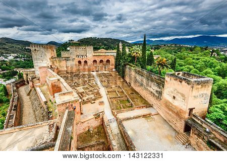 Granada Spain. Famous Alhambra Nasrid Emirate fortress European travel landmark in Andalusia.