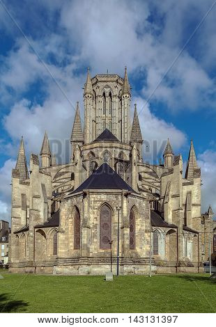 Coutances Cathedral is a Gothic Roman Catholic cathedral constructed from 1210 to 1274 in the town of Coutances Normandy France
