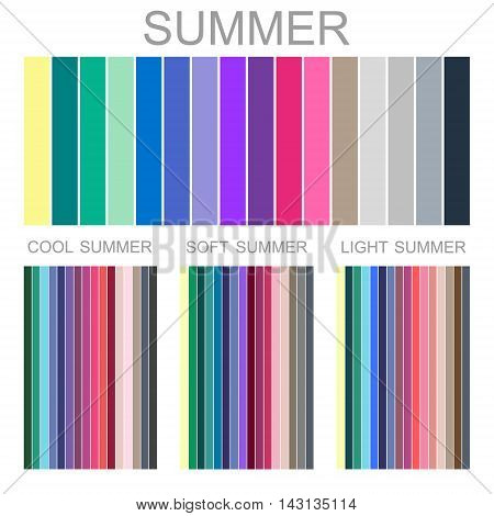 Stock vector seasonal color analysis palette for summer type of female appearance. Set of palettes for cool, soft and light summer