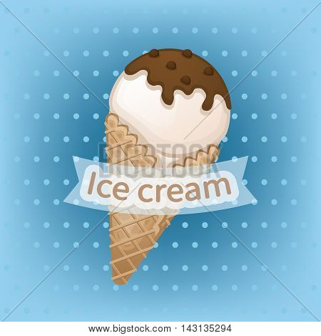 Vanilla ice cream with chocolate topping in a waffle cone. Delicious sweet ice cream with chocolate sprinkles. Ice cream emblems badges labels. Vector illustration.