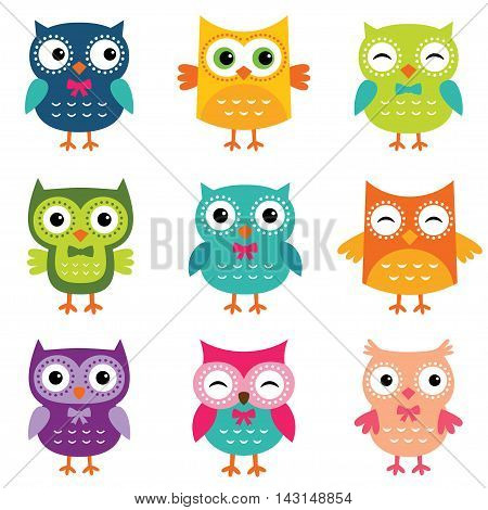 Isolated cartoon vector owls, set of 9 birds