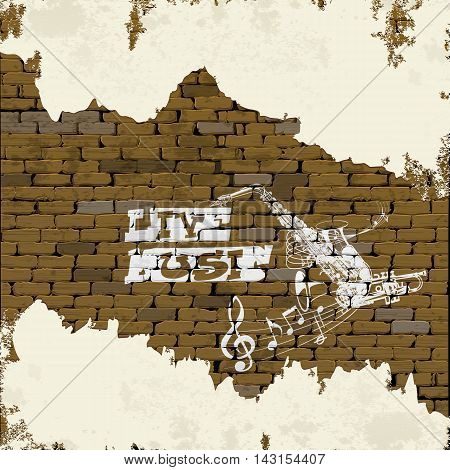 Free live music background brick wall with graffiti saxophone treble clef with a flower pattern and a star with the plaster and cracks.