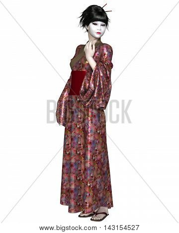 Fantasy illustration of a young Japanese woman wearing geisha makeup and a flower pattern kimono, digital illustration (3d rendering)