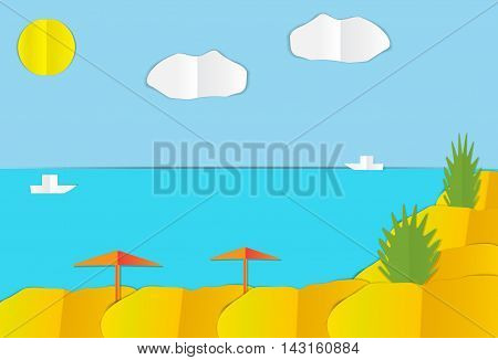 Appliques made of paper depicting sea sand palm trees and parasols. Sun and boats.