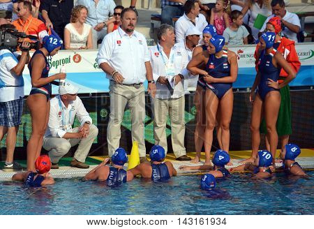 Budapest, Hungary - Jul 16, 2014. Hungary's Andras MERESZ head coach talking about the tactics. The Waterpolo European Championship was held in Alfred Hajos Swimming Centre in 2014.