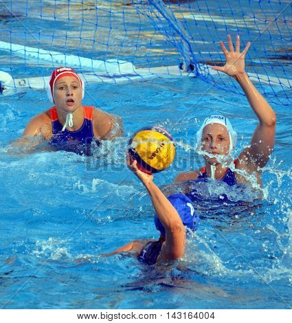 Budapest, Hungary - Jul 16, 2014. Dutch team defending against the hungarian team. The Waterpolo European Championship was held in Alfred Hajos Swimming Centre in 2014.