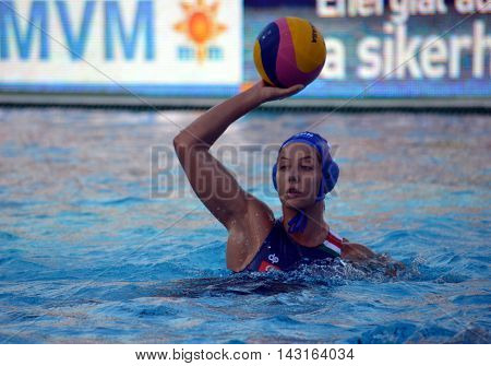 Budapest, Hungary - Jul 16, 2014. Hungary's	SZUCS Gabriella (HUN, 5) with the ball. The Waterpolo European Championship was held in Alfred Hajos Swimming Centre in 2014.