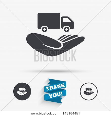 Company vehicles insurance sign icon. Hand holds delivery truck. Protection vehicle from damage and accidents. Flat icons. Buttons with icons. Thank you ribbon. Vector