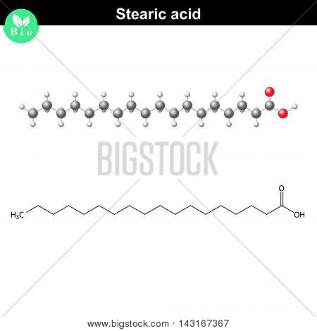Stearic acid molecule stearate molecular structure fatty acid 2d and 3d illustration vector eps 8