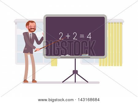 Male mathematic teacher is teaching maths on the blackboard against windows. Cartoon vector flat-style concept illustration