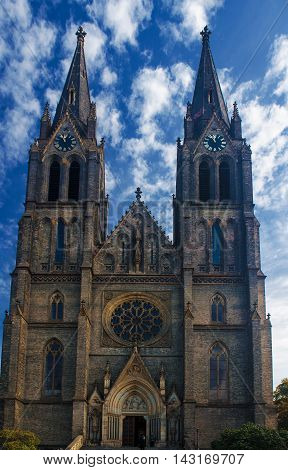 Medieval Kostel sv. Ludmily - Church of St. Ludmila - in Prague, Czech republic, travel outdoor european religious image