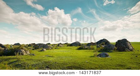 Fantastically beautiful, wild day field landscape with rocks.