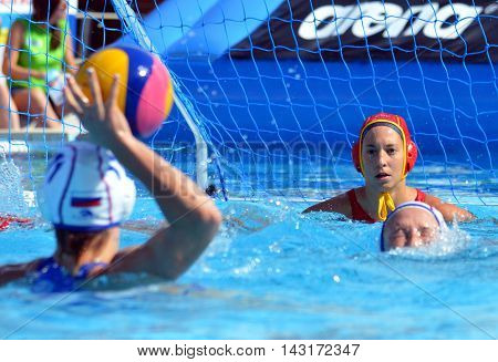 Budapest, Hungary - Jul 16, 2014. Focus on the spanish ESTER RAMOS Laura (ESP, 1)T goalkeeper.  The Waterpolo European Championship was held in Alfred Hajos Swimming Centre in 2014.
