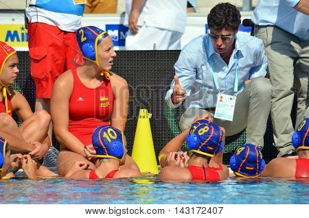 Budapest, Hungary - Jul 16, 2014. Spain's OCA Miguel head coach talking about the tactics. The Waterpolo European Championship was held in Alfred Hajos Swimming Centre in 2014.