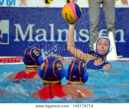 Budapest, Hungary - Jul 16, 2014. One against three. Russia - Spain 10-9. The Waterpolo European Championship was held in Alfred Hajos Swimming Centre in 2014.