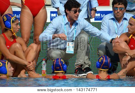 Budapest, Hungary - Jul 16, 2014. Spain's OCA Miguel head coach talking about the tactics. The Waterpolo European Championship was held in Alfred Hajos Swimming Centre in 2014.