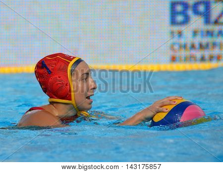 Budapest, Hungary - Jul 16, 2014. Spain's ESTER RAMOS Laura (ESP, 1) goalkeeper. The Waterpolo European Championship was held in Alfred Hajos Swimming Centre in 2014.