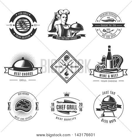 BBQ vintage label set with fish grill fresh solutions only best steaks and ext descriptions vector illustration