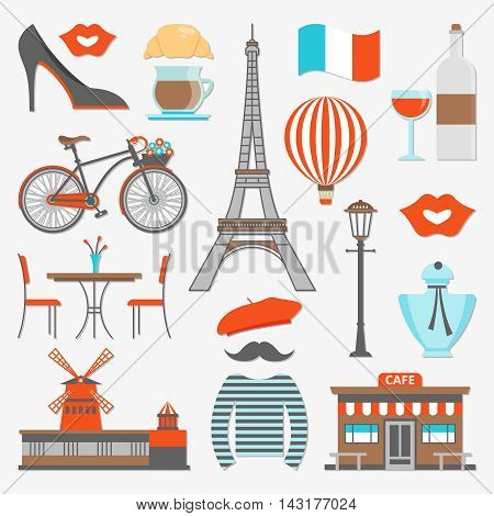 Paris icon set distinctive features of the city and the country as a whole vector illustration