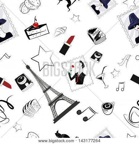 Vector hand drawn graphic fashion illustration with coffee cup camera tower cookies croissant photo. Excellent for the design of the packaging material obezhdy. Seamless pattern.