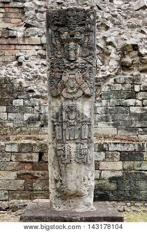 Central America Honduras Mayan city ruins in Copan. The picture presents detail of the Stela