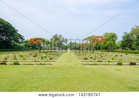 Chungkai War Cemetery this is historical monuments where to respect prisoners of the World War 2 who rest in peace here Kanchanaburi Province Thailand
