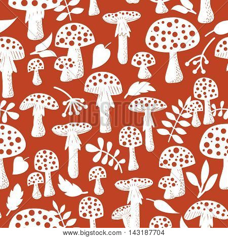 Cute amanita vector seamless pattern with leaf and berries. Poisonus mushrooms silhouette wallpaper.