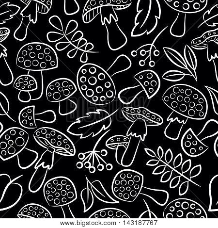 Cute amanita vector seamless pattern with leaf and berries. Poisonus mushrooms doodle style black and white wallpaper.