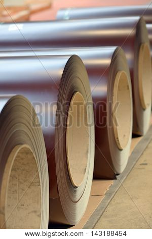 Prepainted Galvanized coils in warehouse, close up