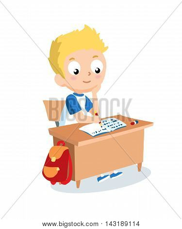 Schoolboy sitting at school desk. Pupil vector cartoon character.