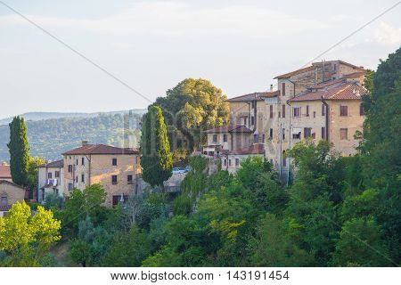 The city of San Giminiano at dusk Tuscany Italy.