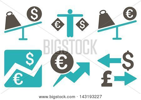 Currency Trading vector icons. Pictogram style is bicolor grey and cyan flat icons with rounded angles on a white background.