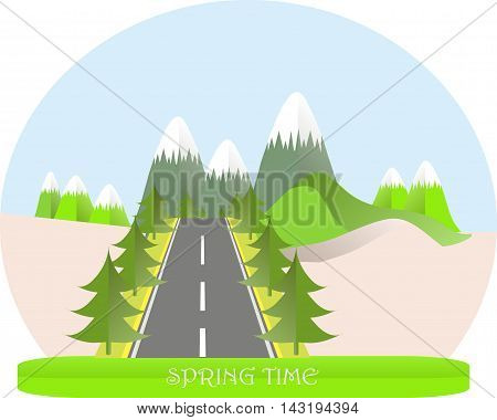 Series four seasons. Mountain landscape, road in spring time, fir trees. Modern flat design, design element, vector