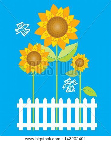 Stylized sunflowers and birds behind traditional white picket fence