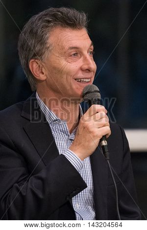 Olivos Argentina - May 6 2016: President of Argentina Mauricio Macri during a press conference for the foreign press at the presidential residence in Olivos Buenos Aires on May 6 2016.