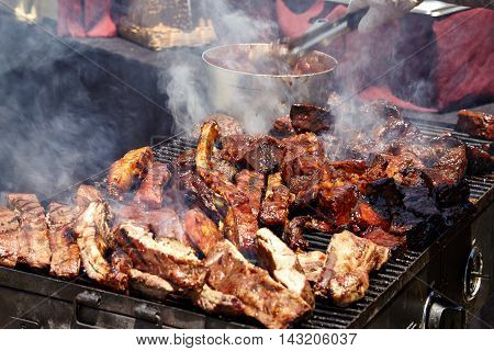 BBQ Grilled pork ribs on the grill.