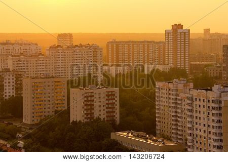 Moscow Russia - Aug 6 2013: Aerial view to Moscow skyline at sunset. Kuntsevo District Moscow Russia.