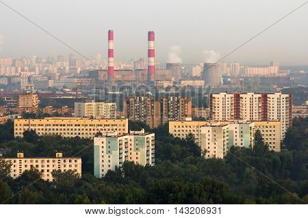Moscow Russia - Aug 6 2013: Aerial view to Moscow skyline at evening hours. Kuntsevo District Moscow Russia.