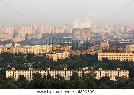 Moscow Russia - Aug 6 2013: Aerial view to Moscow skyline at evening hours. Kuntsevo District Moscow Russia.