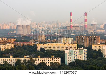 Moscow Russia - Aug 6 2013: Aerial view to Moscow skyline at evening hours. Kuntsevo District Moscow Russia.