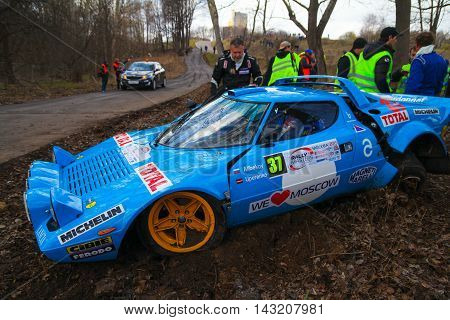 Moscow Russia - Apr 18 2015: Crash of the Lancia Stratos HF russian driver Alibekov Alexandr and co-driver Uperenko Oleg during the Rally Masters Show 2015 at the Krylatskoye District.