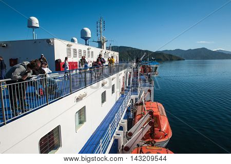 Cook Strait New Zealand - February 4 2016: Passengers on ferry traveling from Wellington to Picton via Marlborough Sounds New Zealand