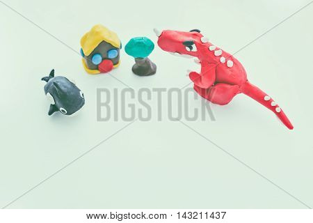Creative Dinosaur, Whale, House And Tree Clay Model. Play Dough Animal. Vintage Tone Effect.