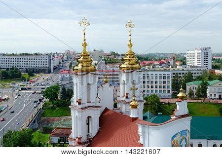 VITEBSK BELARUS - JULY 13 2016: Top view of Lenin Street and Holy Resurrection Church Vitebsk Belarus