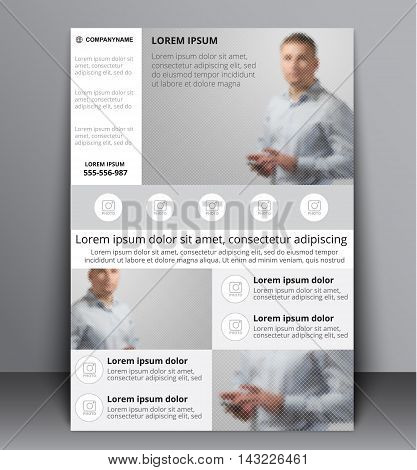 flyer design with young businessmen. Template with place for photo and text advertising and printing. Vector illustration