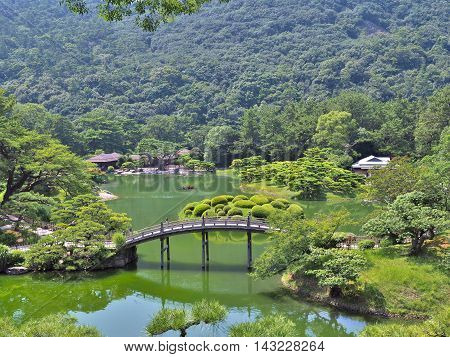 A view from a hill in Ritsurin Garden in Takamatsu city, Kagawa Prefecture, Japan. Ritsurin Garden is one of the most famous historical gardens in Japan.