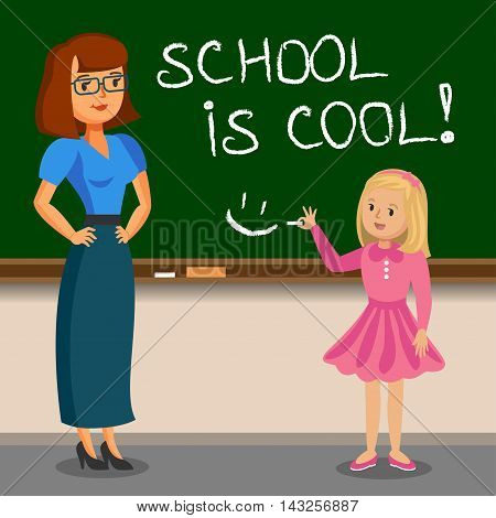 Teacher and schoolgirl writing on chalk board. Back to school. Vector illustration
