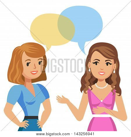 Two young women talking in cafe. Gossip girls. Meeting friends. Vector illustration