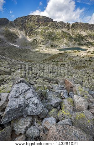Panoramic view of Musalenski lakes and stones in front, Rila mountain, Bulgaria
